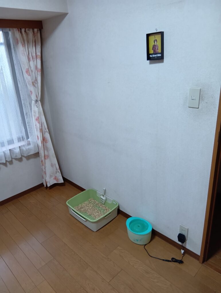 猫のトイレと自動給水機の写真