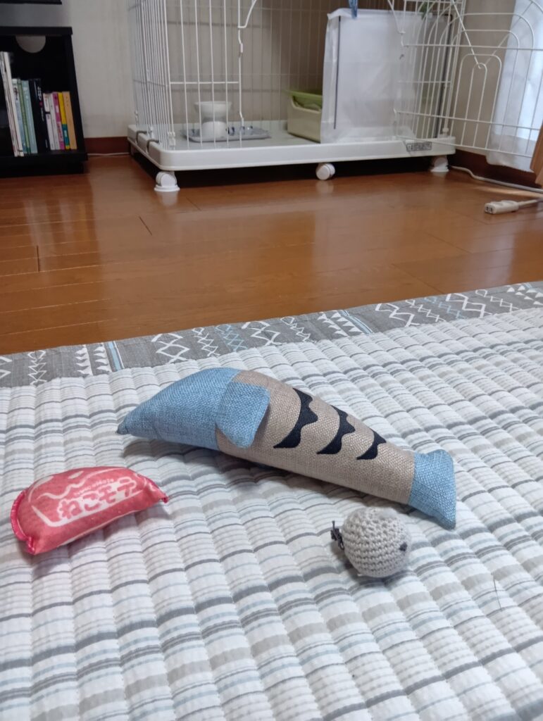 猫用おもちゃ、魚型キッカーやボールの写真